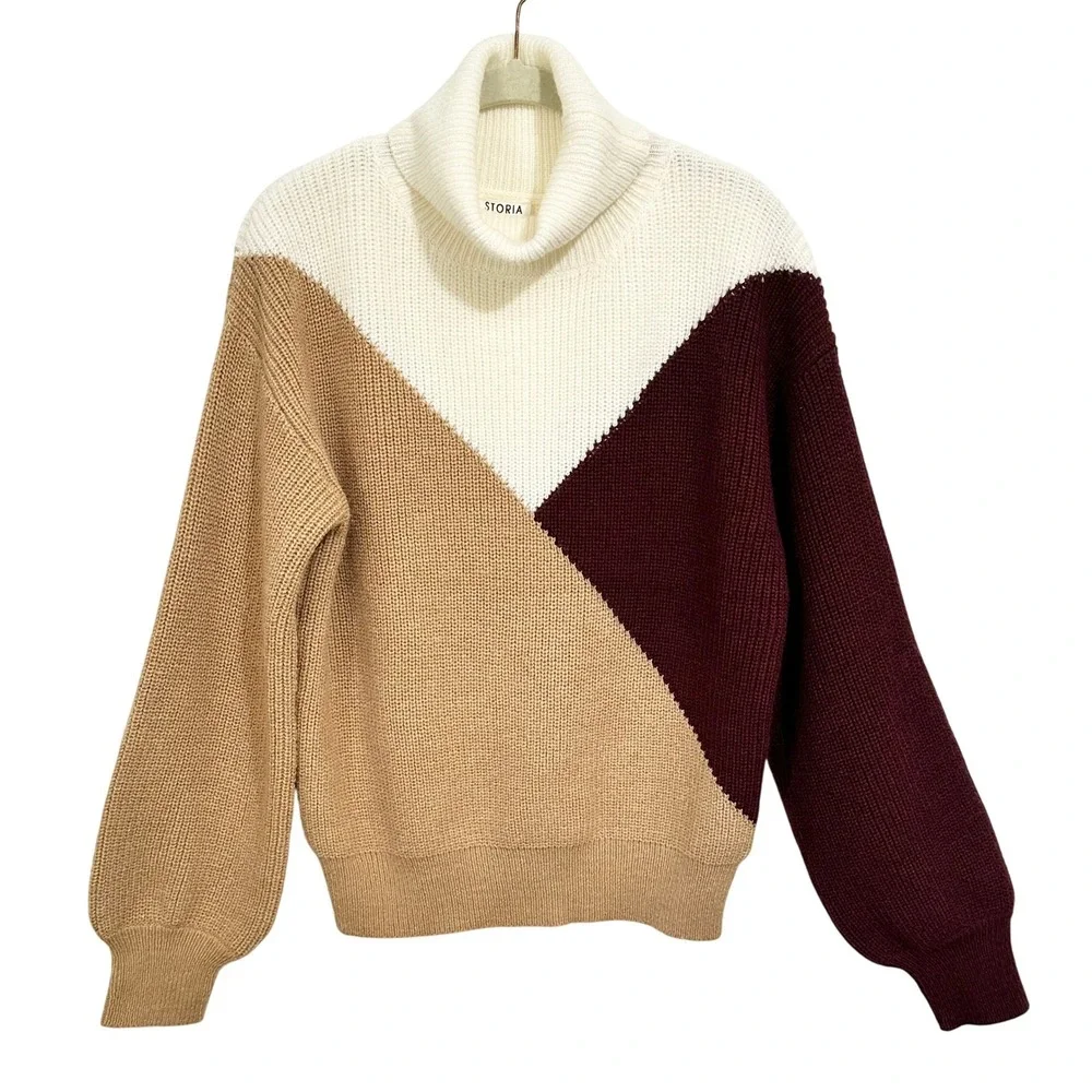 Storia Color-Block Turtleneck‎ Sweater Burgundy Camel & Cream SZ M, Chunky Knit